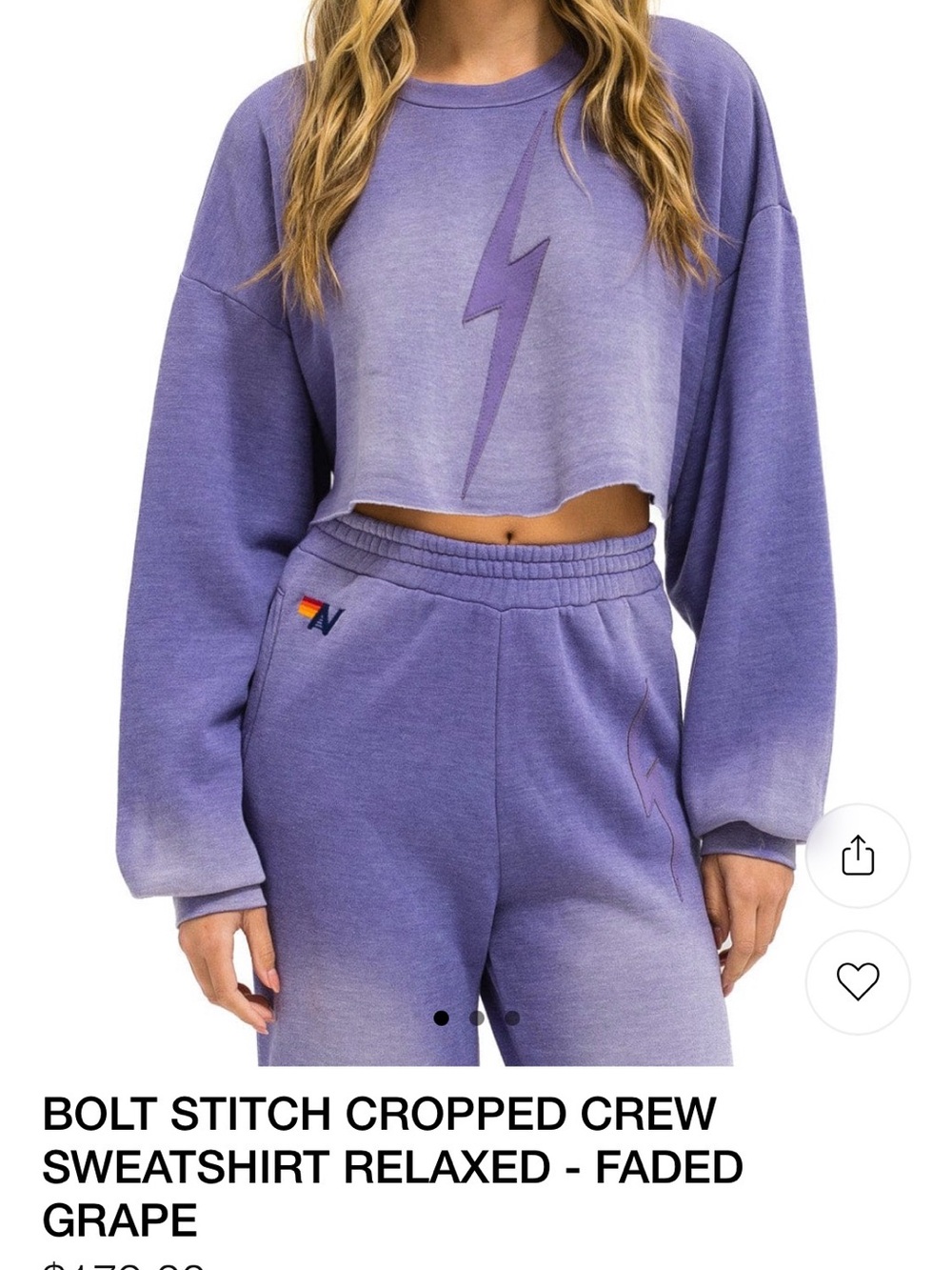 💜 Aviator Nation Faded Grape Bolt Stitch Cropped Crew Sweatshirt – Size S
